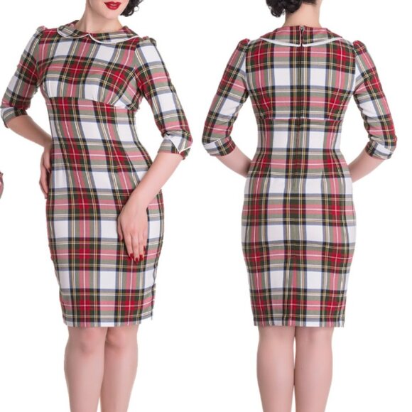 Hell Bunny Doralee Tartan Plaid Red White Peter Pan Collar Dress 2X EUC - Picture 2 of 2